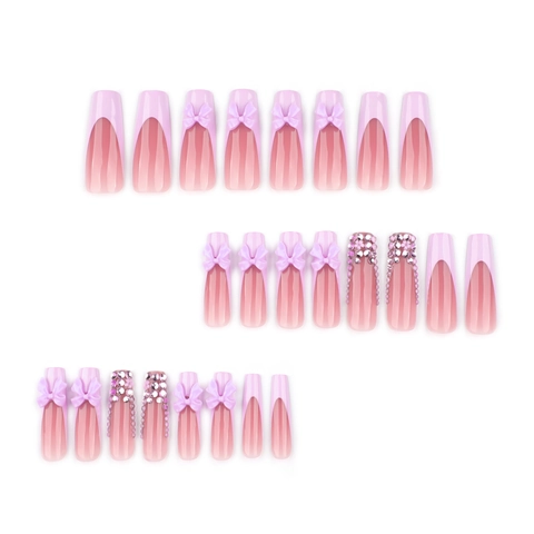 Uñas Postizas Francesas Largas De Ataúd Rosa Púrpura Con Lazo 3D Y Diamantes De Imitación Brillo Dulce Bailarina Para Mujeres