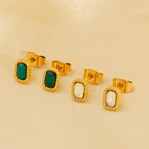 Double Layer Necklace And Earrings 18K Gold Plated Stainless Steel Emerald Cut Rhinestone Luxury Women Jewelry