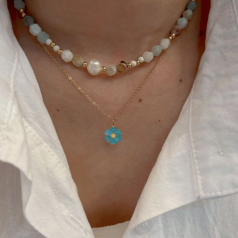 Collana con Pendente in Pietra Naturale in Acciaio Inossidabile per Donna Elegante Placcato Oro Perla Artificiale Gioielli a Fiore