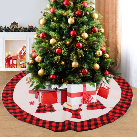 Falda De Árbol De Navidad Borde De Cuadros Tela Redonda Decoración Navideña Papá Noel Muñeco De Nieve