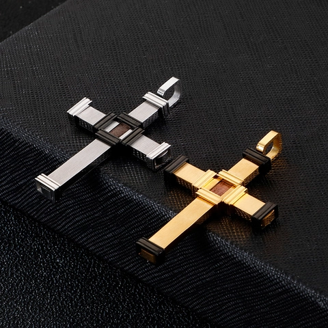 Men Cross Pendant Necklace Stainless Steel Wood Inlay Religious Industrial Style Hip Hop Jewelry