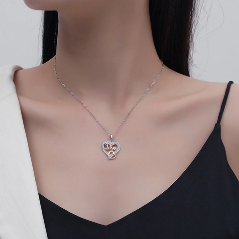 925 Sterling Silver Heart Pendant Necklace With Love Letter Two-Tone Zirconia Inlaid Cross Chain For Women Fashion Jewelry Gift