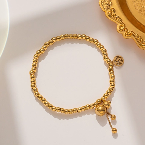 Braccialetto di Perline di Zucca con Carattere Fu in Acciaio al Titanio Oro per Donna Gioielli per Bracciale Portafortuna Geometrico in Stile Cinese di Lusso Leggero