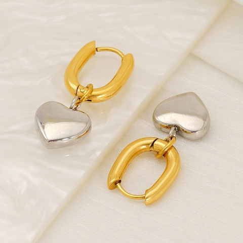 Orecchini Cerchio Con Pendente Cuore Acciaio Inossidabile Placcato Oro 18K Tono Bicolore Donna Elegante Accessorio