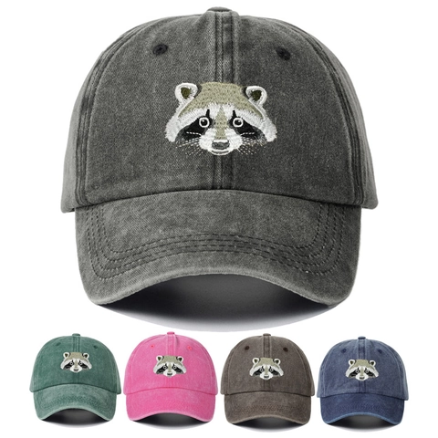 Vintage Washed Cotton Baseball Cap Raccoon Embroidery Hand Embroidered Sunshade Outdoor Casual Sun Hat For Men And Women
