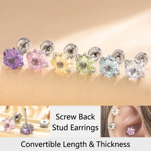 Star Cubic Zirconia Titanium Steel Stud Earrings Screw Back Cartilage Piercing Jewelry For Women Sweet Style