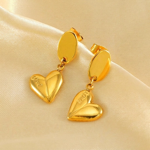 Heart Drop Earrings Gold Plated Stainless Steel Love Engraved Vintage Elegant Style Women Fashion Jewelry Accessories