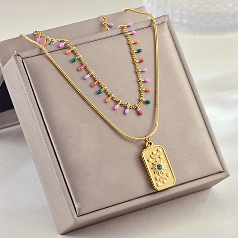 Layered Necklace Titanium Steel Gold Plated Celestial Sun Moon Rectangle Pendant Colorful Beads Vintage French Women