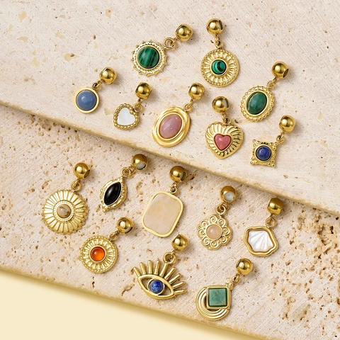 Natural Stone Heart Pendant Charm Stainless Steel Evil Eye Flower Shell Positioning Bead DIY Jewelry Making Accessory