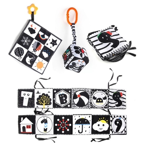 Baby Black And White High Contrast Sensory Cloth Book Newborn Visual Stimulation Soft Fabric Toy Crib Bumper Educational Rattle