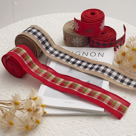 Ruban Décoration Sapin Noël Jute Carreaux Renne Flocon Tissu Pour Emballage Cadeau Fêtes DIY Artisanat