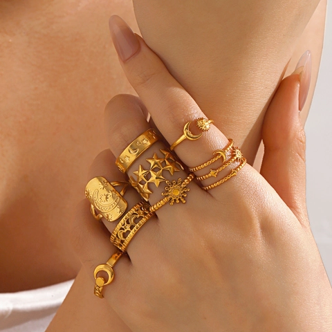 Edelstahl Vergoldet Stern Mond Sonne Himmlische Verstellbare Offene Ringe Für Frauen Vintage Böhmischer Schicker Schmuck
