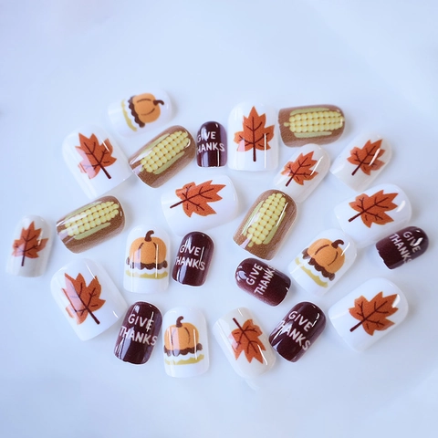 Press On Nails Short Square Thanksgiving Maple Leaf Pumpkin ABS Artificial False Nails For Women With Jelly Glue And File