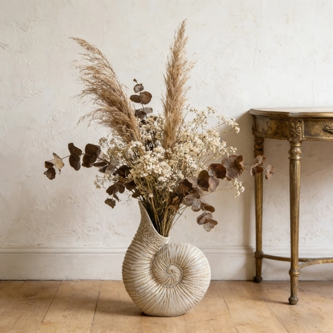 Jarrón De Cerámica Concha De Nautilo Soporte Flor Arte Blanco Roto Textura Espiral Nórdico Wabi-Sabi Adorno Salón