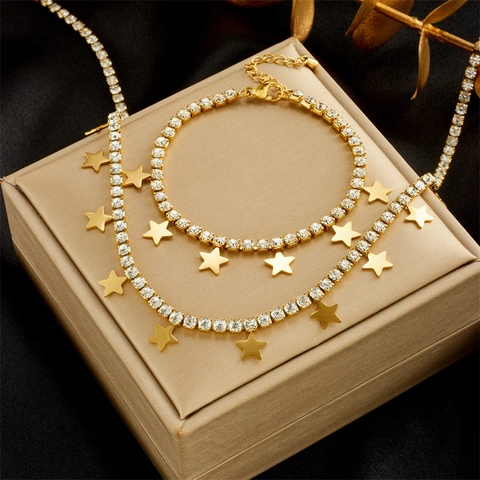 Collana Bracciale Stella in Acciaio al Titanio di Lusso Placcato Oro Strass Pendente Pentagramma Gioielli Moda Donna