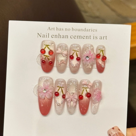 Handgefertigte Rosa Verlauf Künstliche Nägel Mit 3D Kirsch Schleife Blumen Dekoration Süße Katzenauge Mandel Oval Falsche Nägel Für Damen