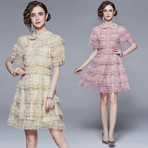 Elegante Abito Midi In Pizzo Da Donna Con Volant A Strati Colletto Peter Pan E Ricamo Stile Vintage Manica Corta