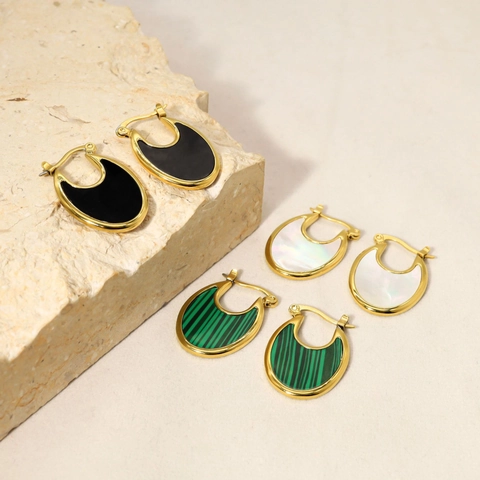 Orecchini A Cerchio A U Acciaio Inossidabile Placcato Oro 18K Geometrico Malachite Conchiglia Agata Gioielli Minimalisti Donna
