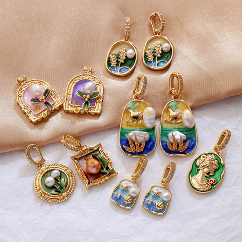 Vintage Palace Style Enamel Flower Charms Gold Plated Copper Pendants With Freshwater Pearl For DIY Jewelry Making Retro