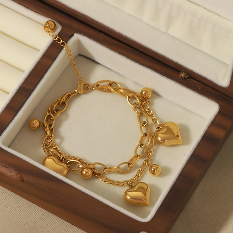 Double Layer Stainless Steel Bracelet With Hollow Heart Pendants And Beads 18K Gold Plated Jewelry For Women