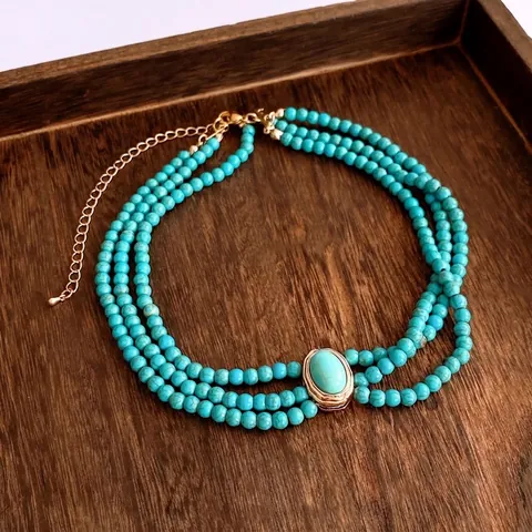 Vintage Jewelry Set Multi Layer Beaded Turquoise Style Alloy Necklace Bracelet Earrings With Silver Earring Post
