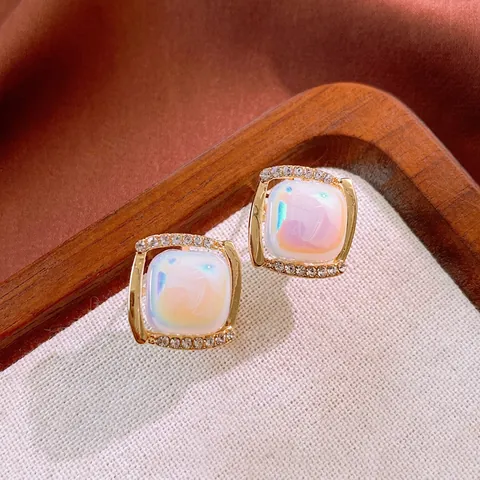 Vintage French Style Square Stud Earrings With Iridescent Resin Rhinestone Alloy And 925 Sterling Silver Earring Post