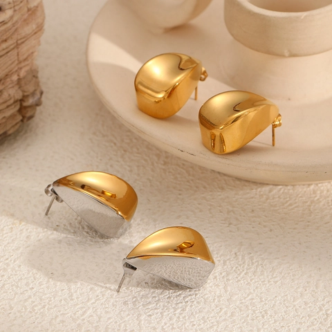 Orecchini A Lobo In Acciaio Inossidabile A Forma Di Goccia D'acqua Lucidatura A Specchio Oro Argento Bicolore Donna