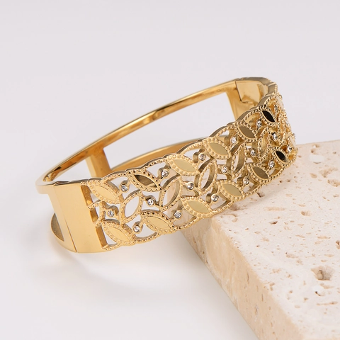 Stainless Steel Hollow Out Leaf Bangle With 18K Gold Plated Rhinestone Geometric Retro Cuff For Women