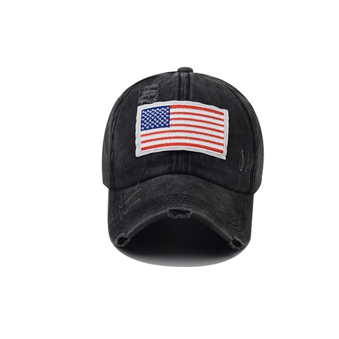 Cappello da Baseball da Donna Lavato Distressed Ricamo Bandiera USA Foro per Coda di Cavallo Incrociato Regolabile