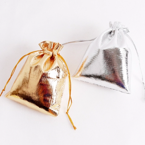 Metallic Drawstring Gift Bags Shiny Jewelry Pouches Favor Packaging Cloth Storage Gold Silver