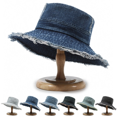 Sombrero De Pescador De Mezclilla Lavada Para Mujer Vintage Desgastado Con Bordes Deshilachados Retro Ajustable
