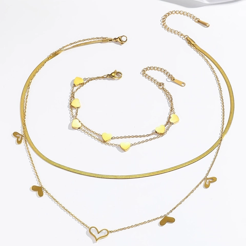 Collana Doppia a Cuore in Acciaio Inossidabile per Donna Ciondolo Conchiglia Bianca Braccialetto Strass Elegante Oro Gioielli Moda