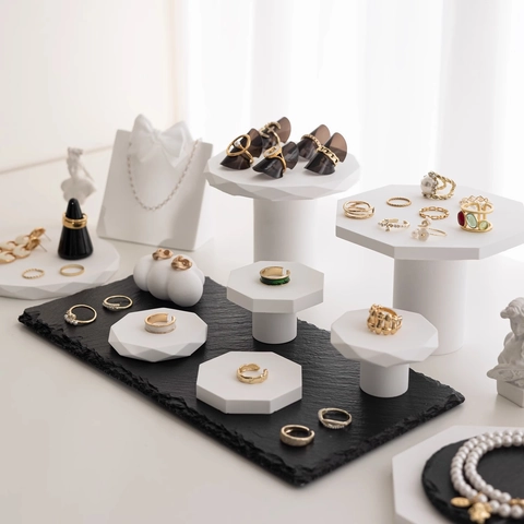 Geometric Plaster Jewelry Display Stand Matte White Gypsum Tray High Foot Photography Props Ring Necklace Holder Rack