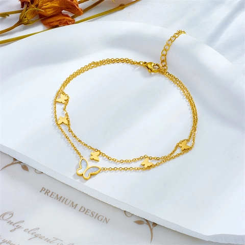 Boho Αλυσίδα Ποδιού Πεταλούδα Διπλής Στρώσης Από Τιτάνιο Για Γυναίκες Χρυσό Κόσμημα Με Ένθετο Κοχύλι