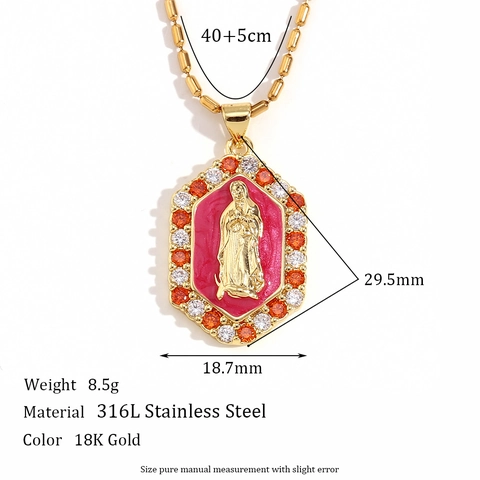 Collier Pendentif Hexagonal Vierge Marie en Acier Inoxydable Vintage pour Femmes Bijoux de Religion Strass Plaqués Or 18 carats