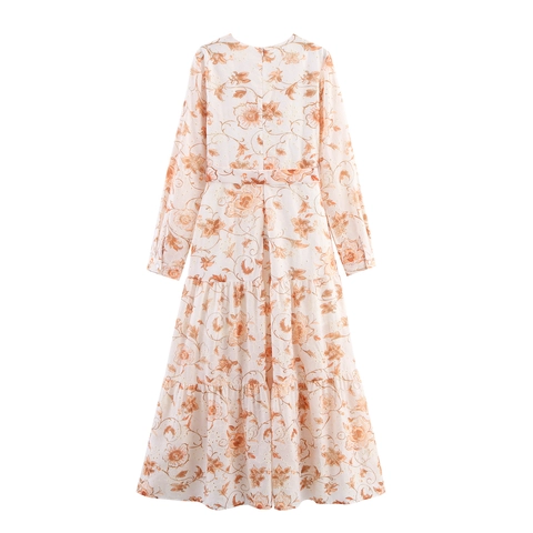 Damen Maxikleid Mit Blumendruck V Ausschnitt Langarm Bindegürtel Stufenrock Eleganter Urlaubsstil Polyester