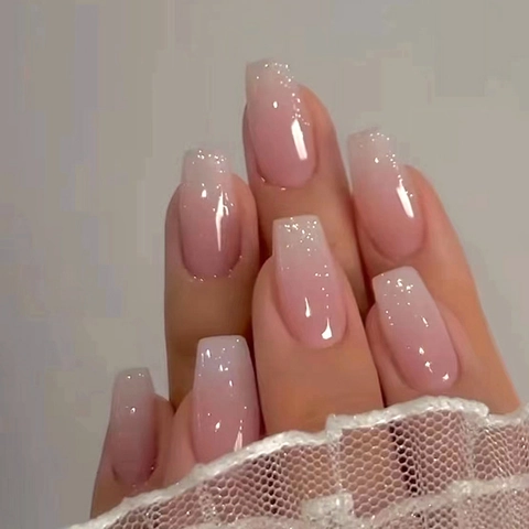 Press On Nails Rosa Farbverlauf Silber Glitzer Glänzend Ombre Elegant Süß Kunstnägel Für Frauen Tragbare Maniküre