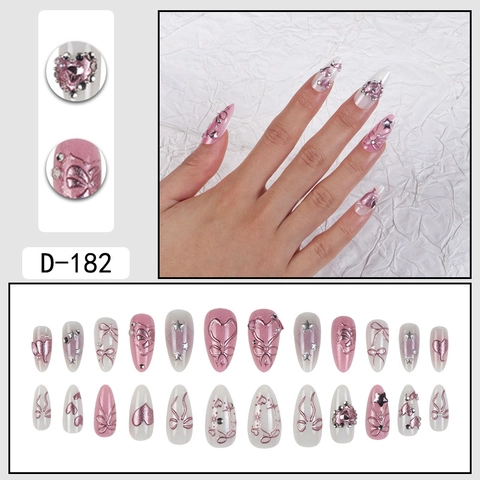 Faux Ongles Press On Long Stiletto Rose Style Doux Avec Papillon 3D Strass Coeur Künstliche Perle Étoile Plastique