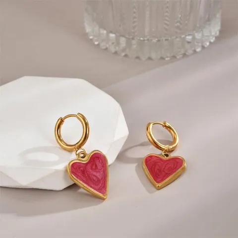 Heart Pendant Hoop Earrings Stainless Steel Drip Oil Enamel Marble Texture Minimalist Sweet Style Fashion Accessories