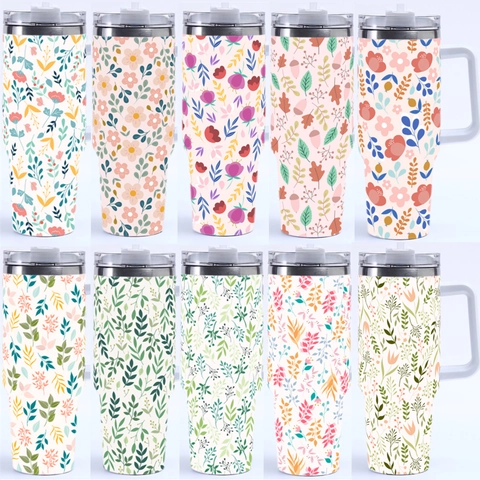 Insulated Tumbler With Handle And Straw 304 Stainless Steel Floral Leaf Print Car Travel Mug Vacuum Flask Portable