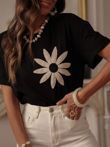 T-Shirt Femme À Manches Courtes Et Col Rond Avec Grande Applique Fleurie Au Crochet Style Décontracté Et Décontracté Top