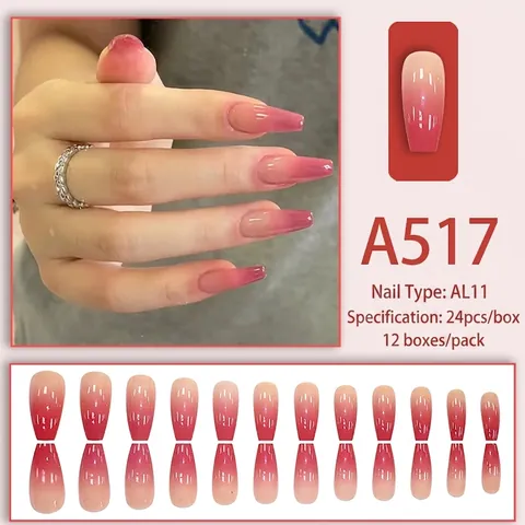 Lange Doodskist Vorm Press On Nails Gradiënt Blush Roze Glanzend Plastic Kunstnagels Tips Voor Vrouwen
