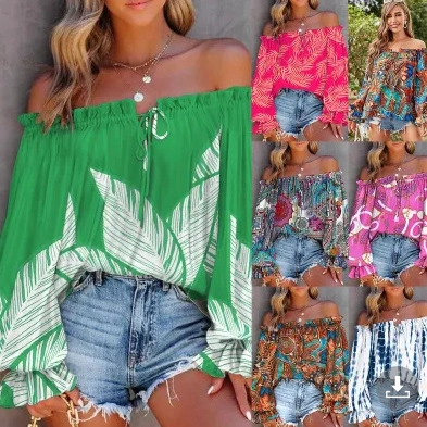 Women Off Shoulder Blouse Polyester Long Flare Sleeve Tie-up Drawstring Bohemian Paisley Print Casual Vacation Shirt Top