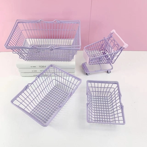 Mini Shopping Cart Desktop Organizer Metal Iron Wire Storage Basket Cute Office Dorm Decoration Ins Style