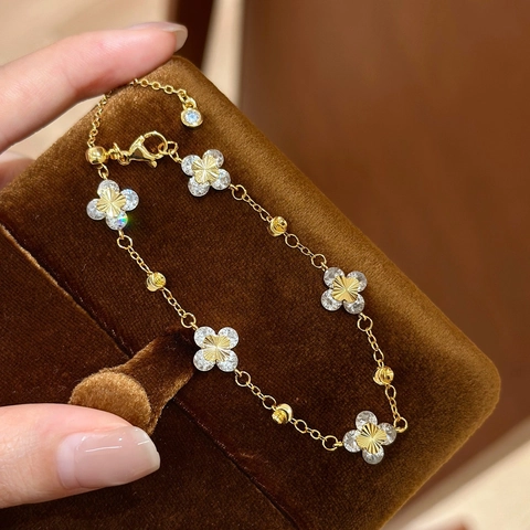 Elegant Clover Flower Pendant Bracelet For Women Copper With Cubic Zirconia Gold Plated Adjustable Chain Korean Style Jewelry