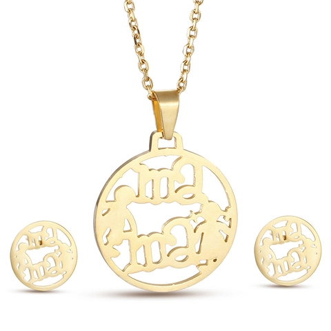 Stainless Steel Mom Jewelry Set Gold Silver Rhinestone Circular Mother Daughter Pendant Necklace Stud Earrings Mother's Day Gift
