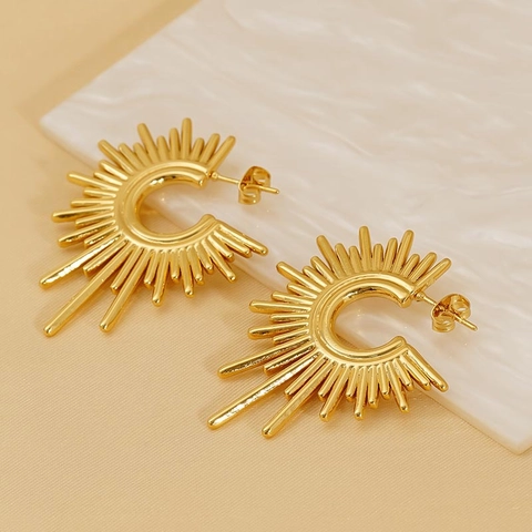 Radiating Sunburst Stud Earrings Stainless Steel 18K Gold Plated Geometric Irregular Retro INS Style Fashion Jewelry For Women