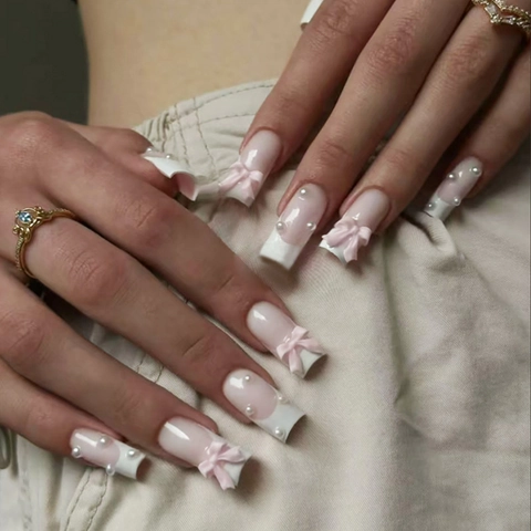 Press On Nails French Tip White Bow Artificial Pearl Decor Artificial False Nails Square Shape Elegant Sweet Fashionable For Women
