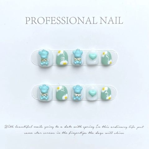 Press On Nails Short Round 3D Cartoon Blue Bear Heart Daisy Mint Green For Kids Girls Students