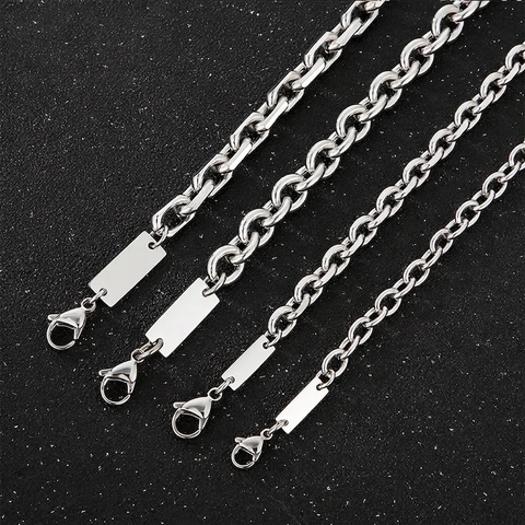 Men Necklace Bracelet Stainless Steel Curb O Chain With Blank Rectangular ID Tag Plate Fashion Jewelry Gold Silver